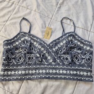 American Eagle Embroidered Chambray Crop Top, Large, Blue